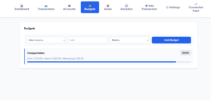 Budgets tab for Personal Finance Tracker application
