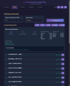 Showing Bulk tab for the Password Generator application after 25 passwords were generated