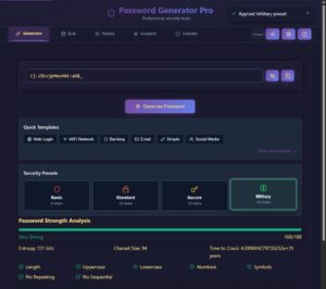 Generator tab showing 20 character length military preset being applied for Password Generator application